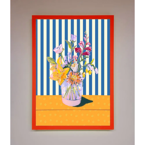 Flower Vase Blue Stripes Framed Wall Art - B0 (100 x 141 cm) / Neon Red - Framed Print