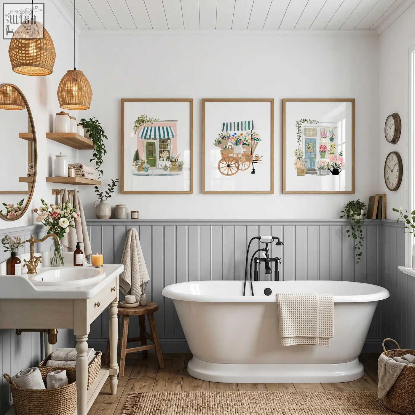 White freestanding bathtub with black faucet and beige towel next to flowers artwork botanical flower shop art prints set of 3