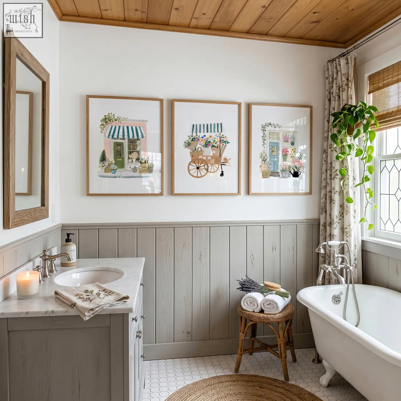 Three framed flowers artwork art prints with light wood frames hang above a gray wainscoted bathroom wall perfect for flower shop decor