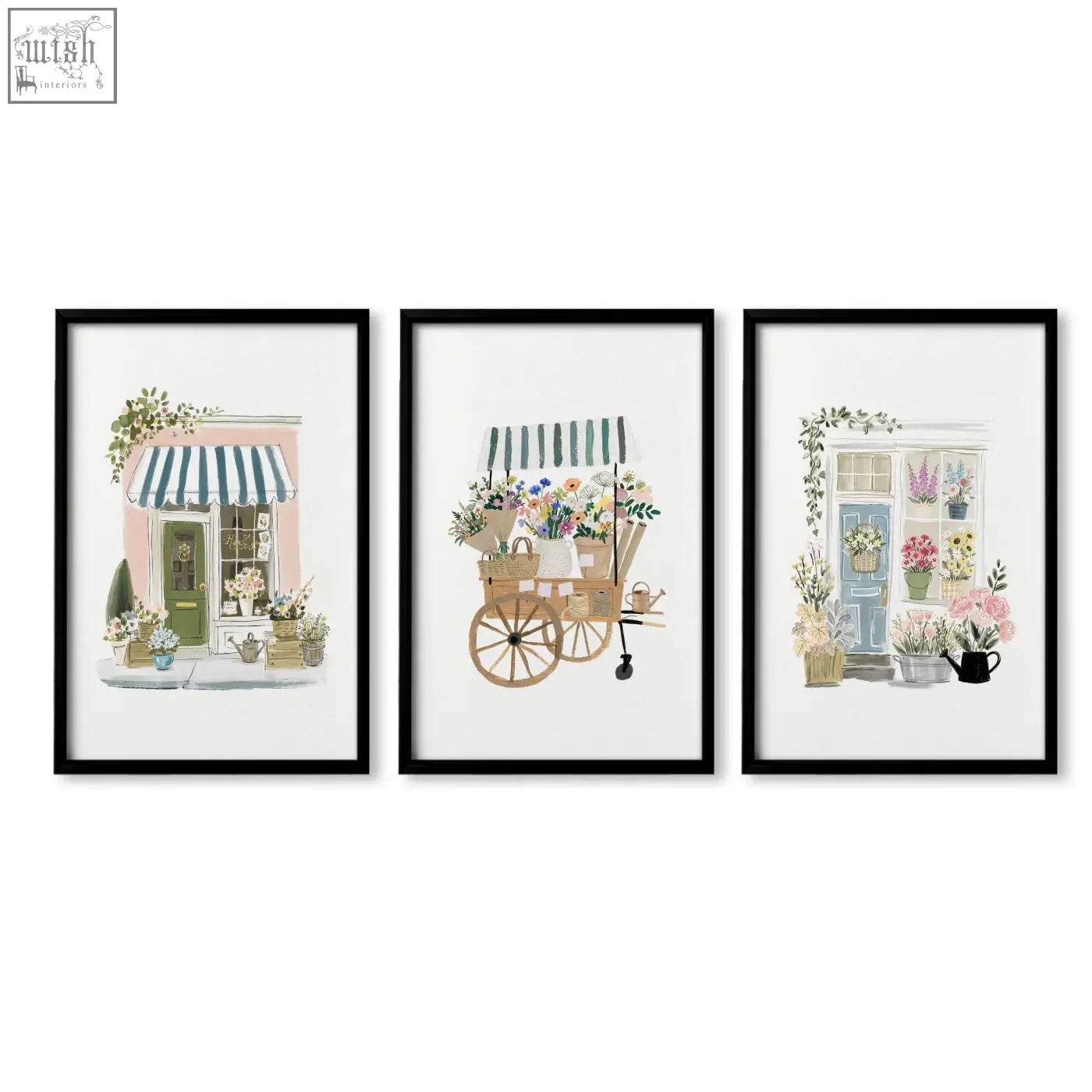 Set of three framed flowers artwork prints with black frames perfect for flower shop wall art decor