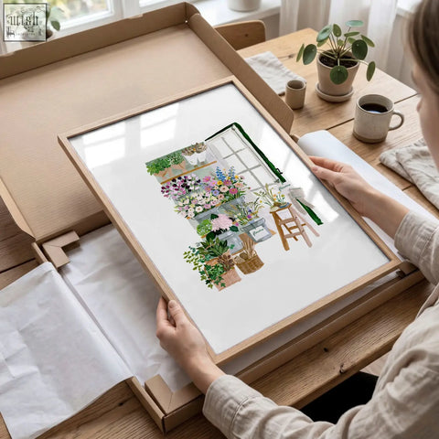 A light wood-framed flowers artwork print with colorful watercolor flowers and gardening tools for flower shop decor