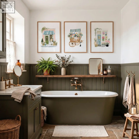 Olive green freestanding bathtub with gold faucet next to flowers artwork botanical flower shop wall art prints set of 3