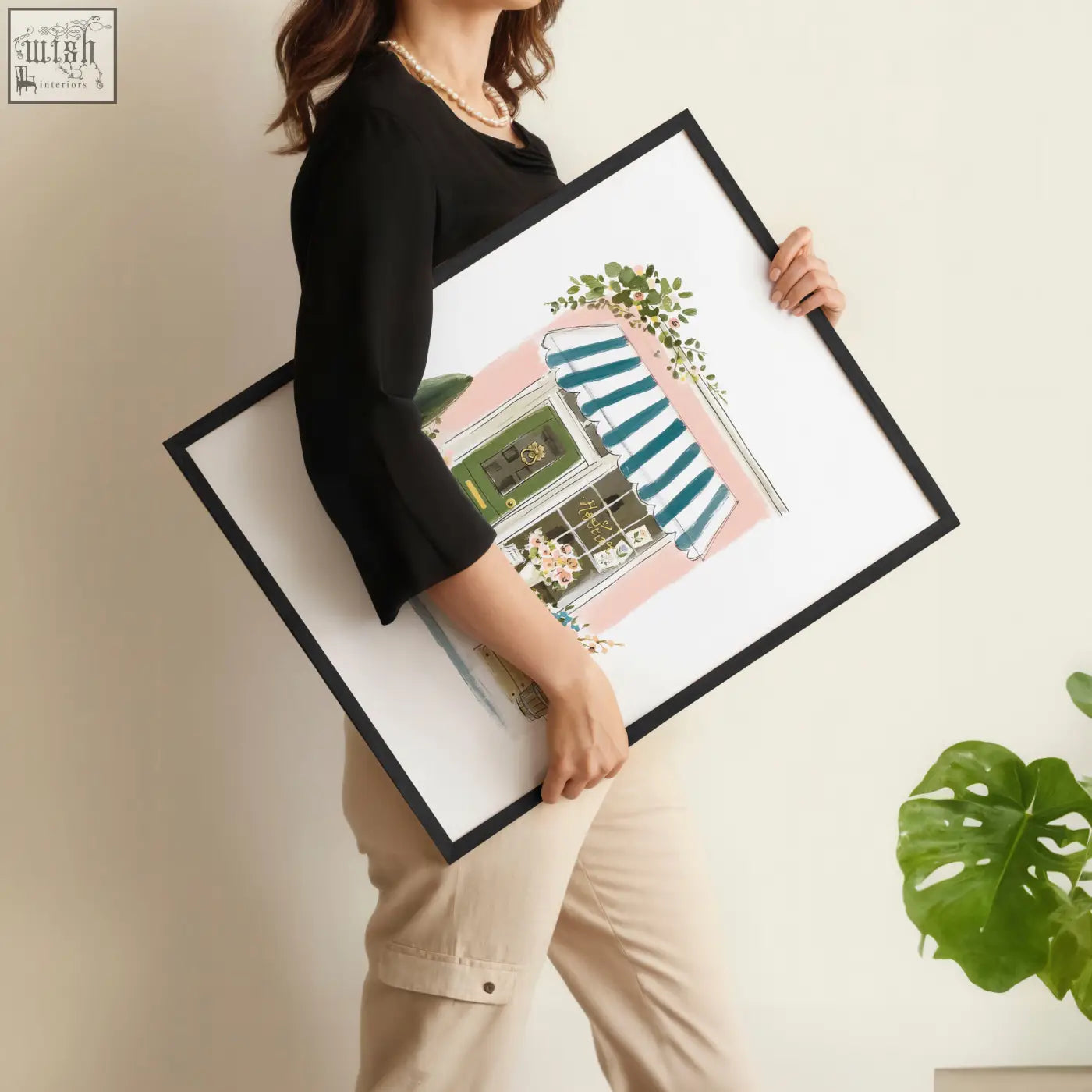 Black-framed flowers artwork featuring a charming flower shop with teal striped awning and pink floral walls art print