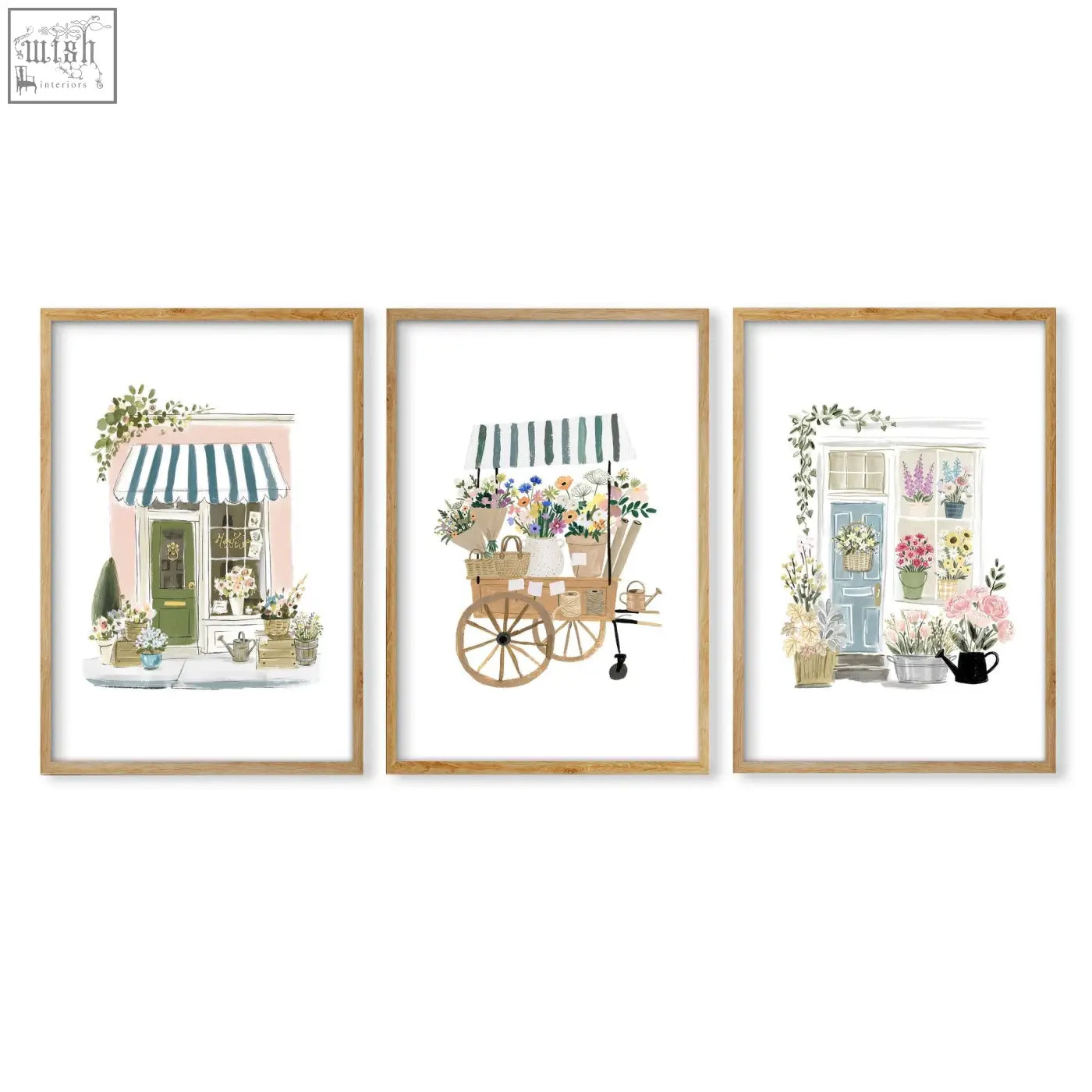 Set of three framed floral illustrations in light wood frames perfect as flowers artwork for your flower shop wall art prints