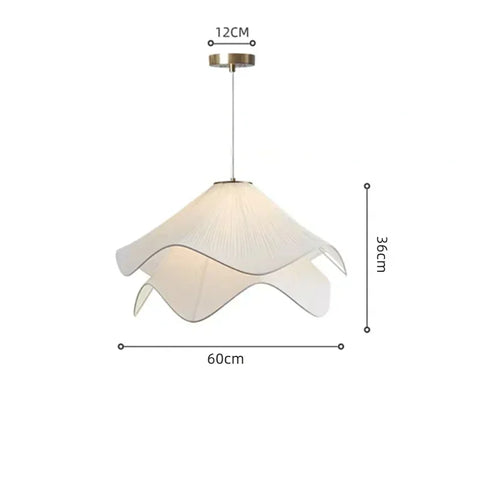 A delicate off-white flowers cloth chandelier pendant light with petal-shaped fabric shade and brass hardware