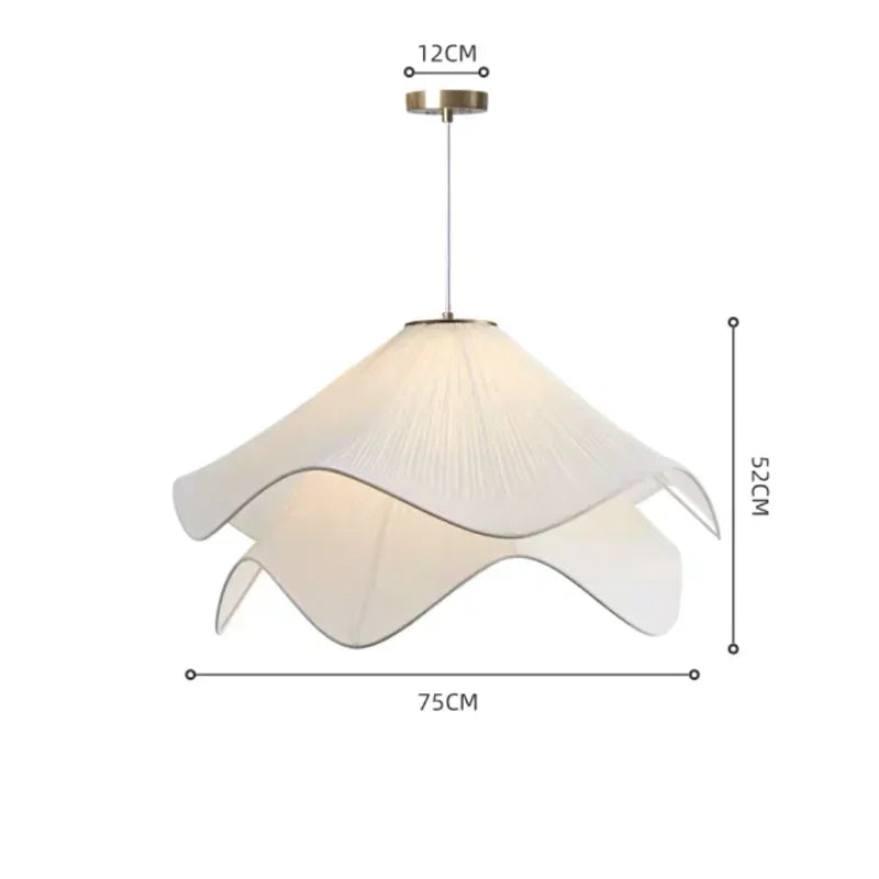 A delicate white flowers cloth chandelier pendant light with layered petals and a brass ceiling mount perfect for home decor