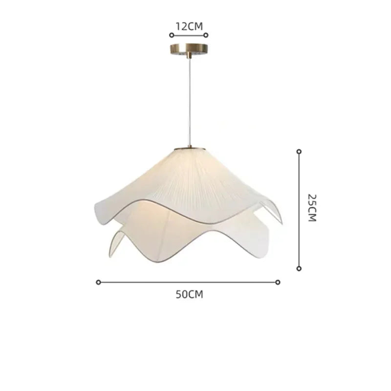 A delicate off-white flowers cloth chandelier with soft layered petals and brass ceiling mount pendant lights for home decor
