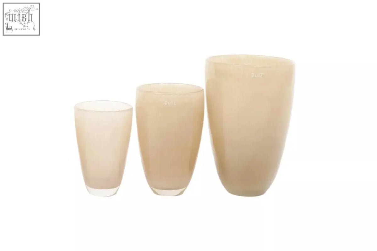 Set of three beige frosted mouth blown glass vases in graduated sizes from the dutz collection