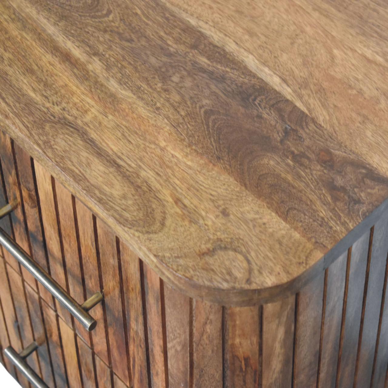 Fluted bedside table with drawers featuring a rustic wooden cabinet with warm brown finish and vertical slat detailing