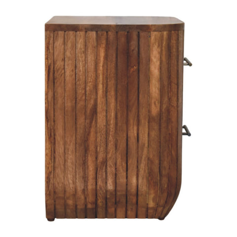Rustic wooden fluted bedside table with vertical slats dark brown wood grain and black metal handles