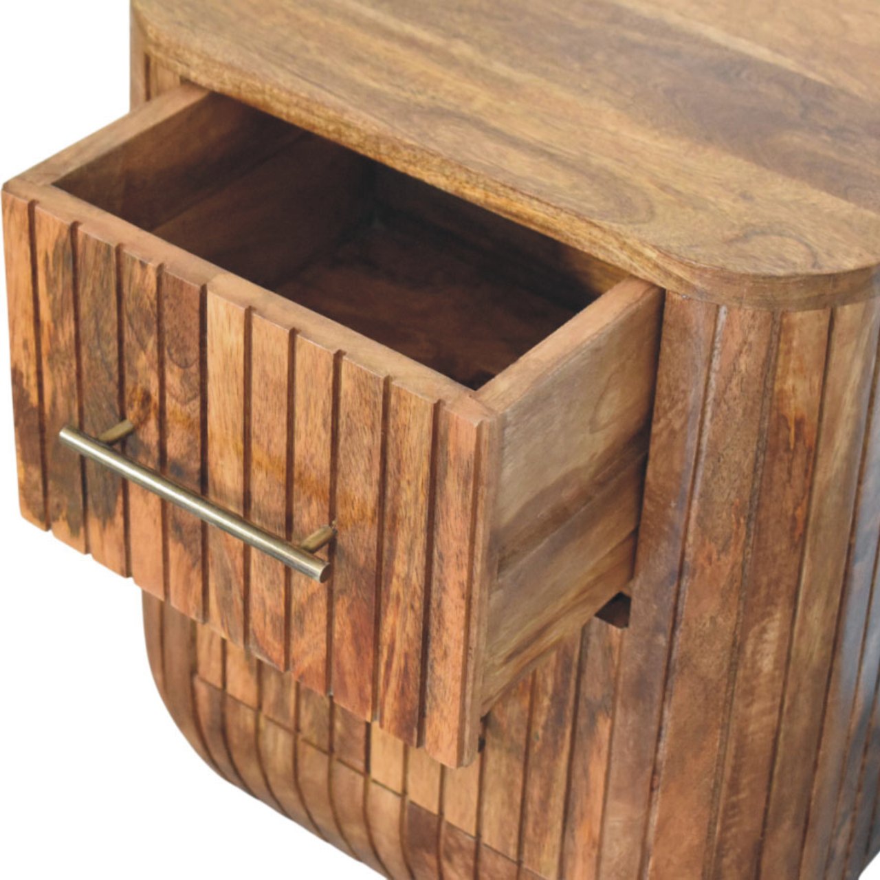 A rustic wooden fluted bedside table with curved top and vertical slats featuring an open drawer showing storage space
