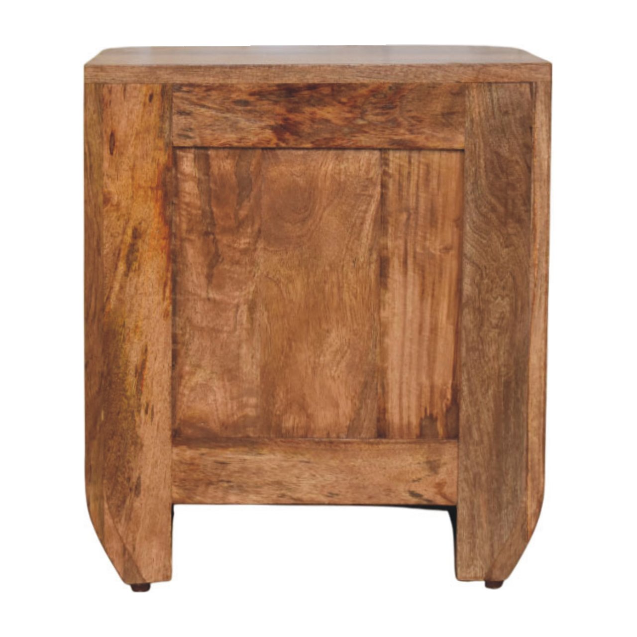 Rustic wooden fluted bedside table with natural finish and visible grain patterns featuring drawers for storage