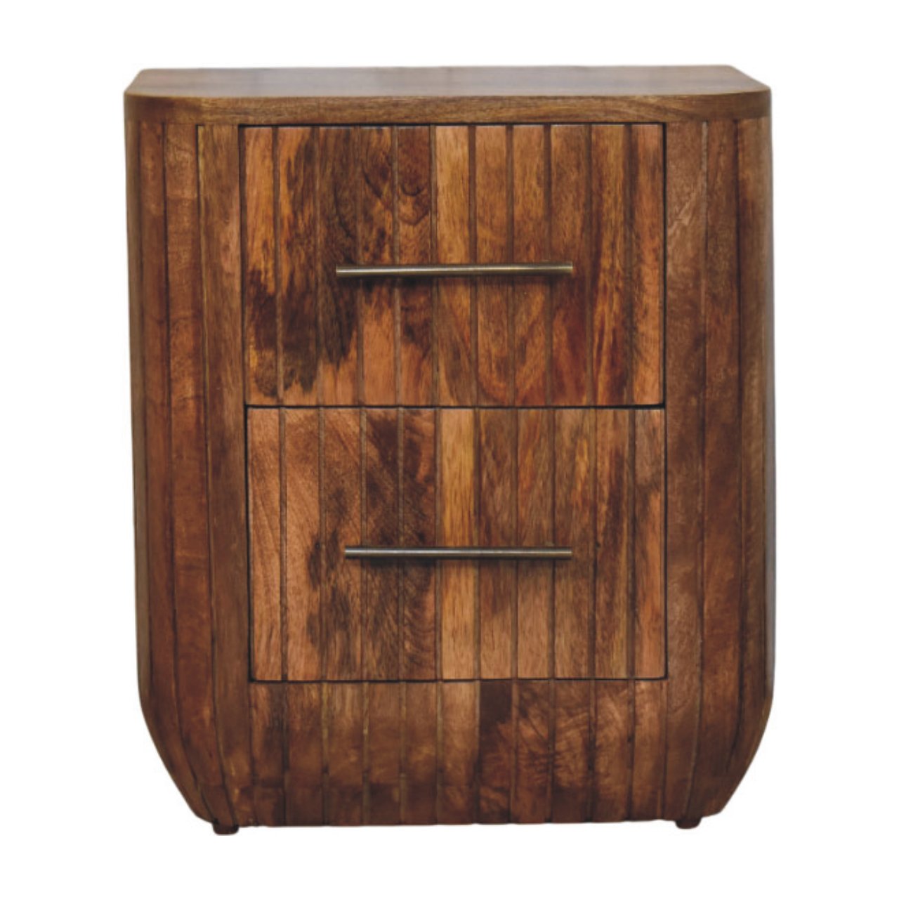 A rustic wooden fluted bedside table with two drawers in rich brown finish and vertical wood grain patterns