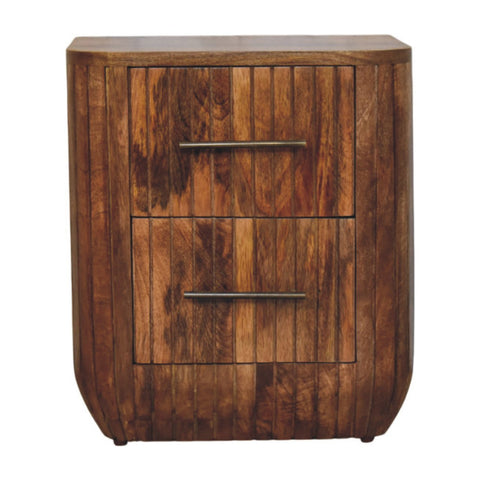 A rustic wooden fluted bedside table with two drawers in rich brown finish and vertical wood grain patterns