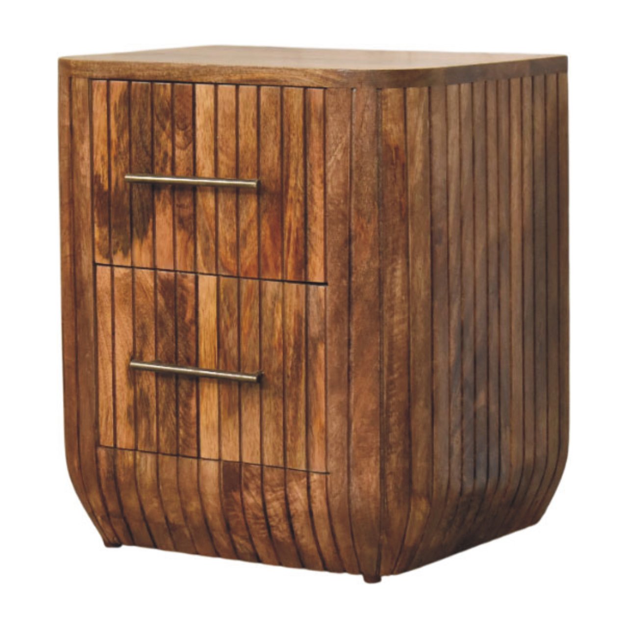 A rustic wooden fluted bedside table with warm brown finish vertical slats and two drawers with metal handles