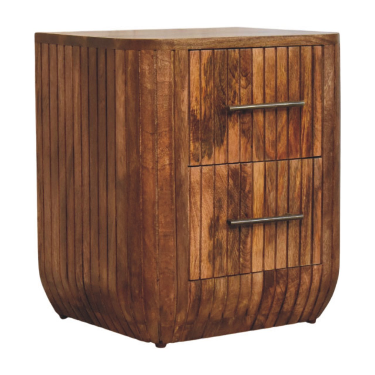 Rustic wooden fluted bedside table with vertical slats and two drawers with black metal handles for storage