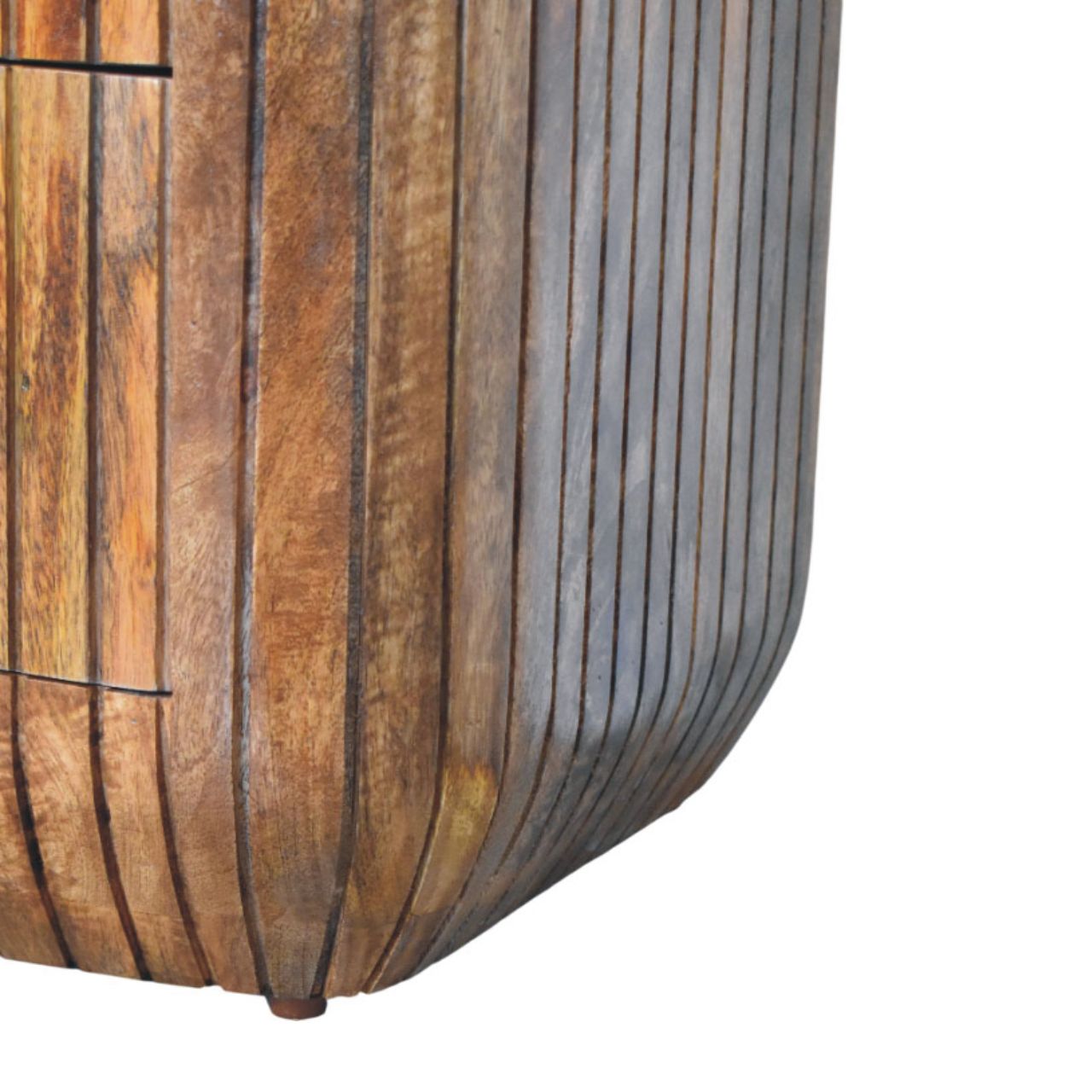 A rustic wooden fluted bedside table with vertical slats and warm weathered finish perfect for bedroom storage