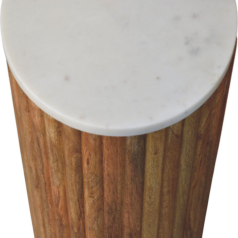 Fluted marble side table with white marble top and rustic vertically ribbed mango wood base perfect as an accent piece