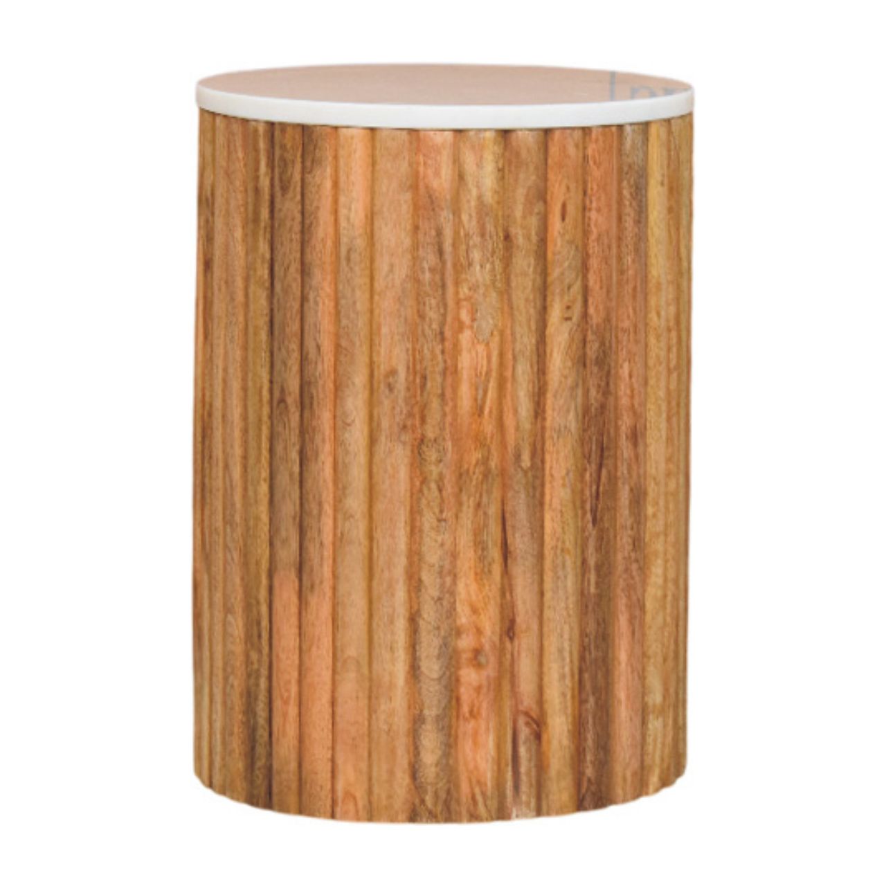 A cylindrical fluted marble side table with natural mango wood grain finish and smooth white marble effect top