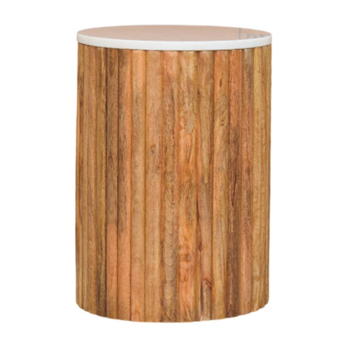 A cylindrical fluted marble side table with natural mango wood grain finish and smooth white marble effect top