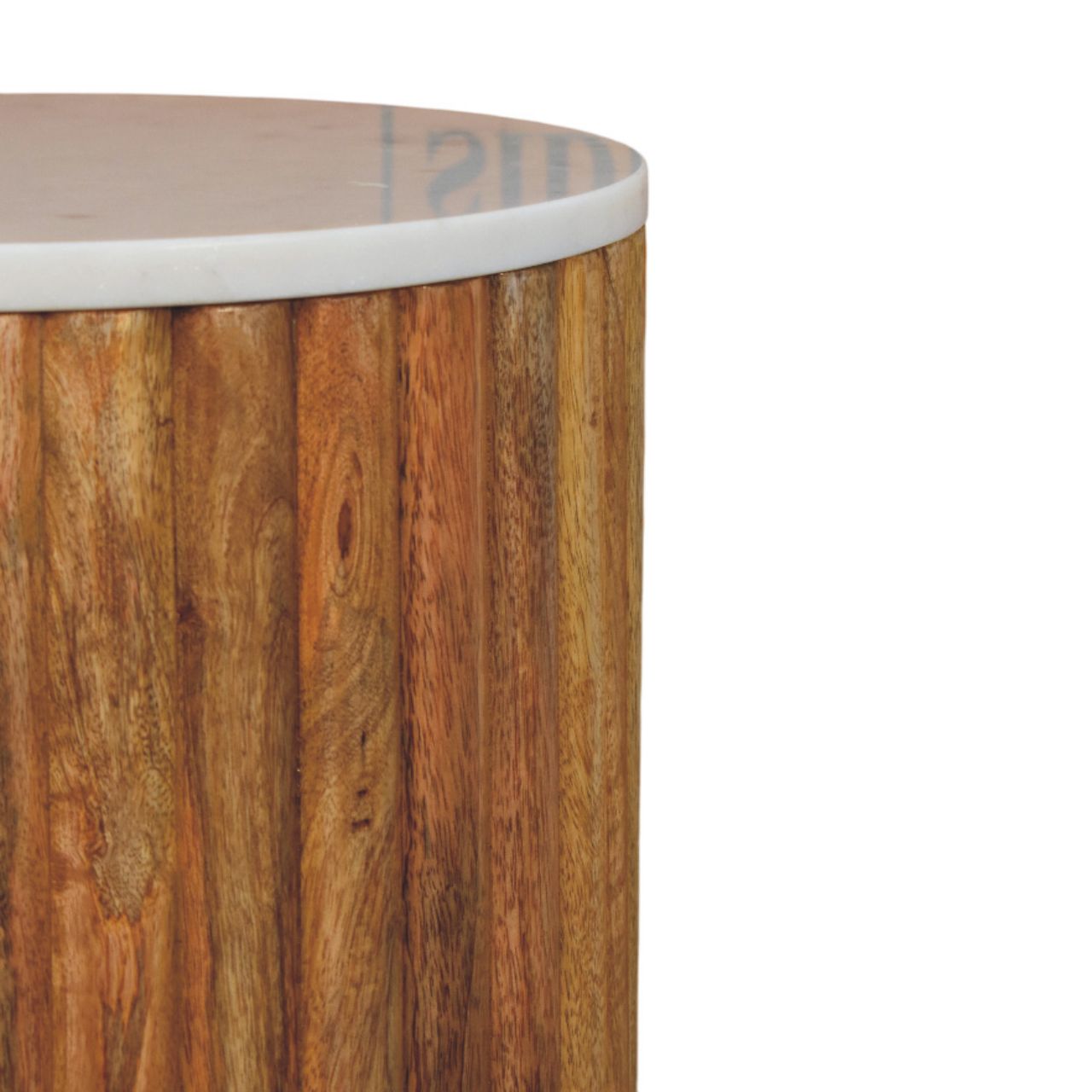 A fluted marble side table with a rustic mango wood slatted body in warm brown and a smooth white marble top