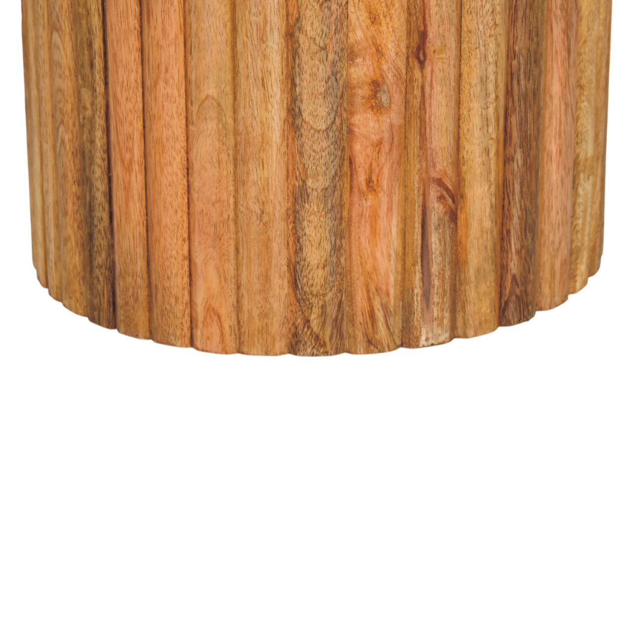 Fluted marble side table made of reclaimed mango wood with a warm amber finish and marble effect accent piece