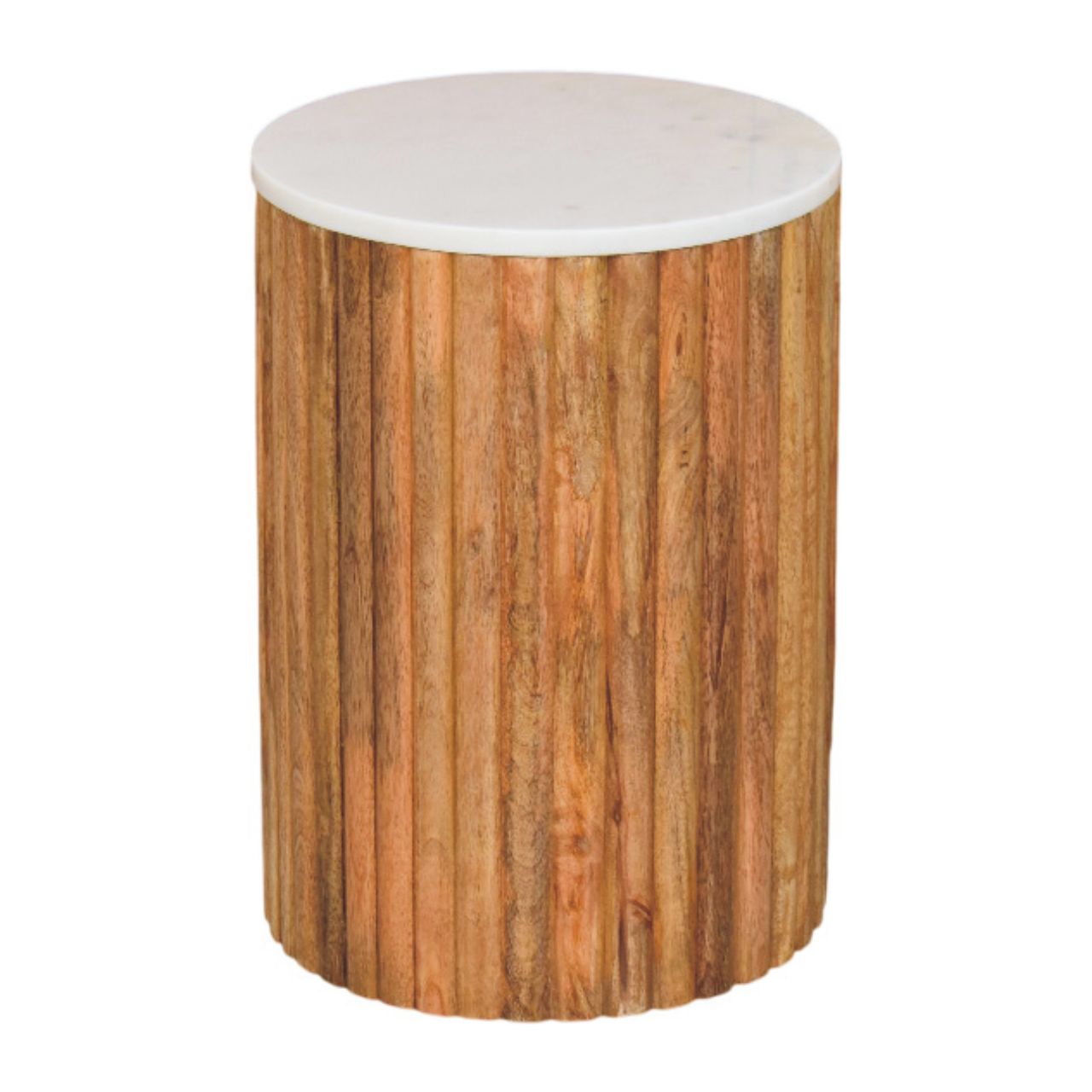 Fluted marble side table with a white marble top and vertical solid mango wood slats body accent piece
