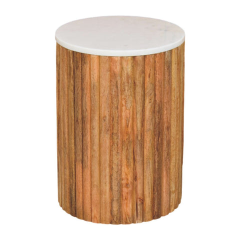 Fluted marble side table with a white marble top and vertical solid mango wood slats body accent piece