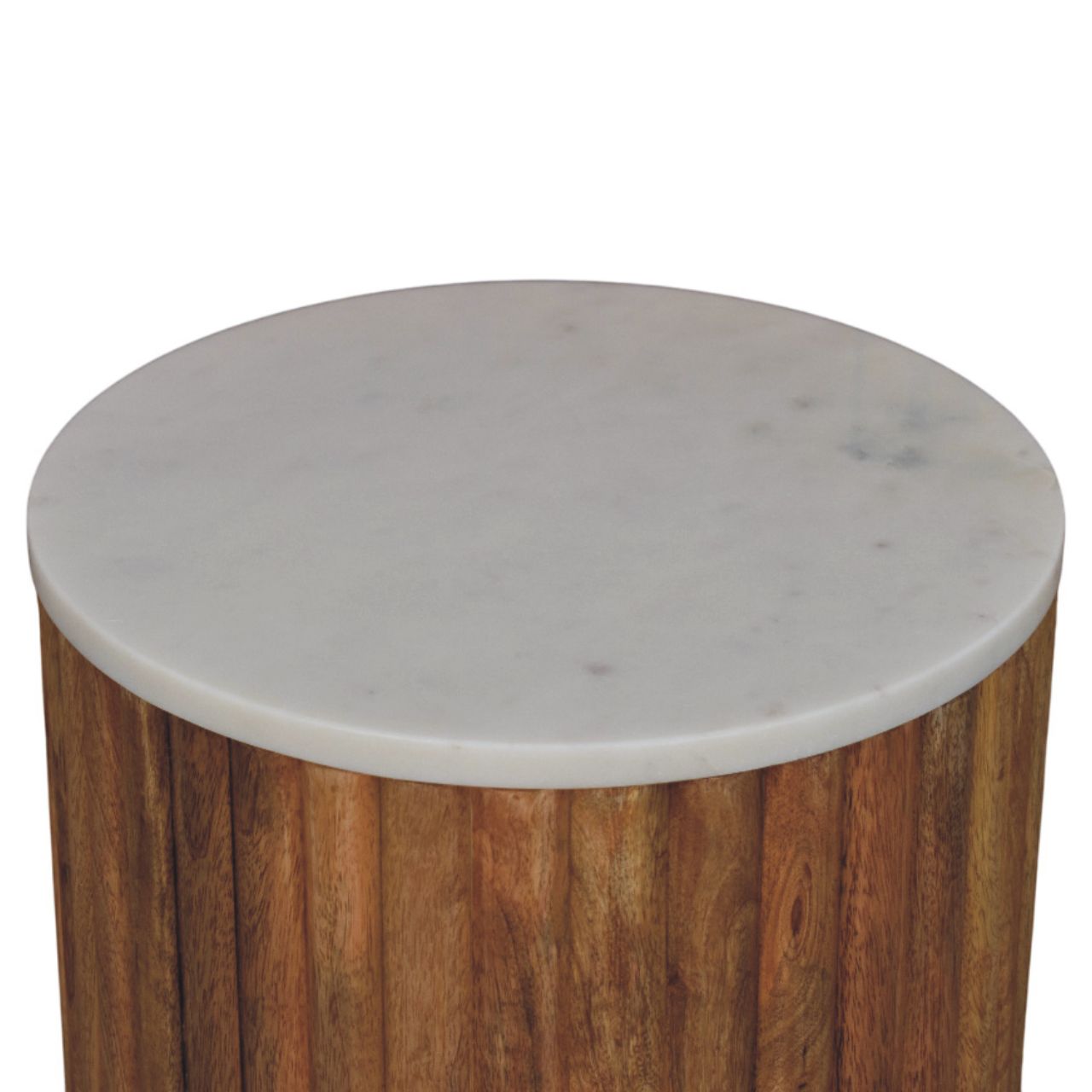 Fluted marble side table with round white marble top and cylindrical solid mango wood base with vertical slats