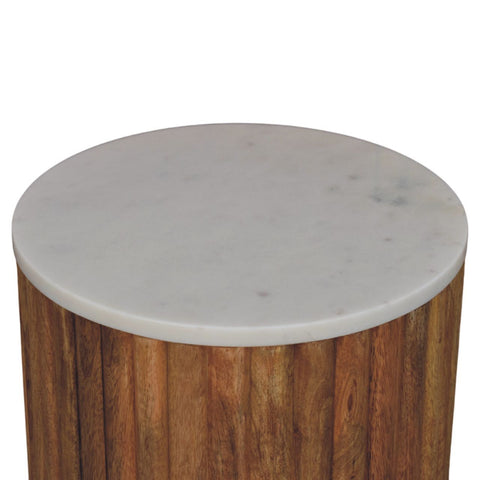 Fluted marble side table with round white marble top and cylindrical solid mango wood base with vertical slats