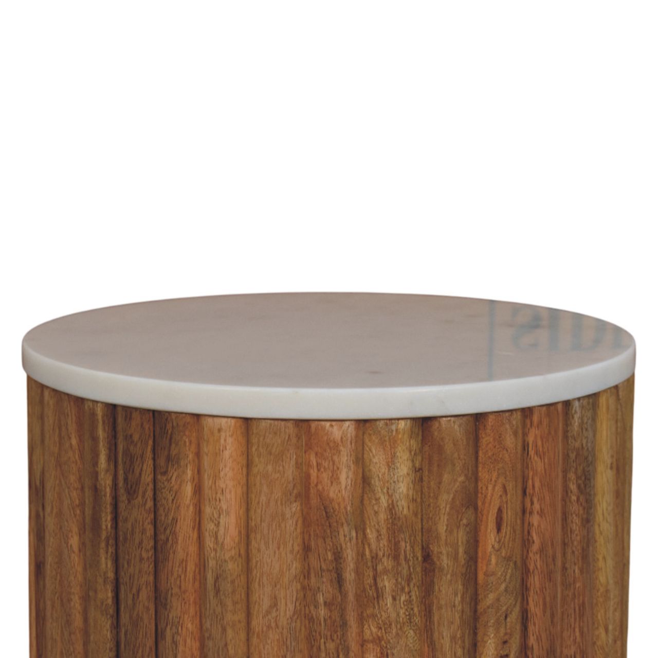 Round side table with smooth white marble top and rustic brown fluted mango wood base perfect as an accent piece