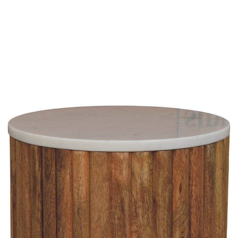 Round side table with smooth white marble top and rustic brown fluted mango wood base perfect as an accent piece