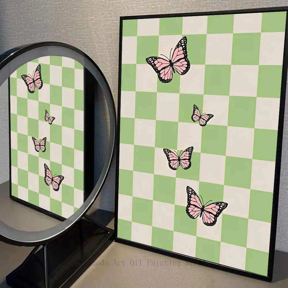 A framed fluttering freedom print featuring pink butterflies with black outlines on a green and white checkered background
