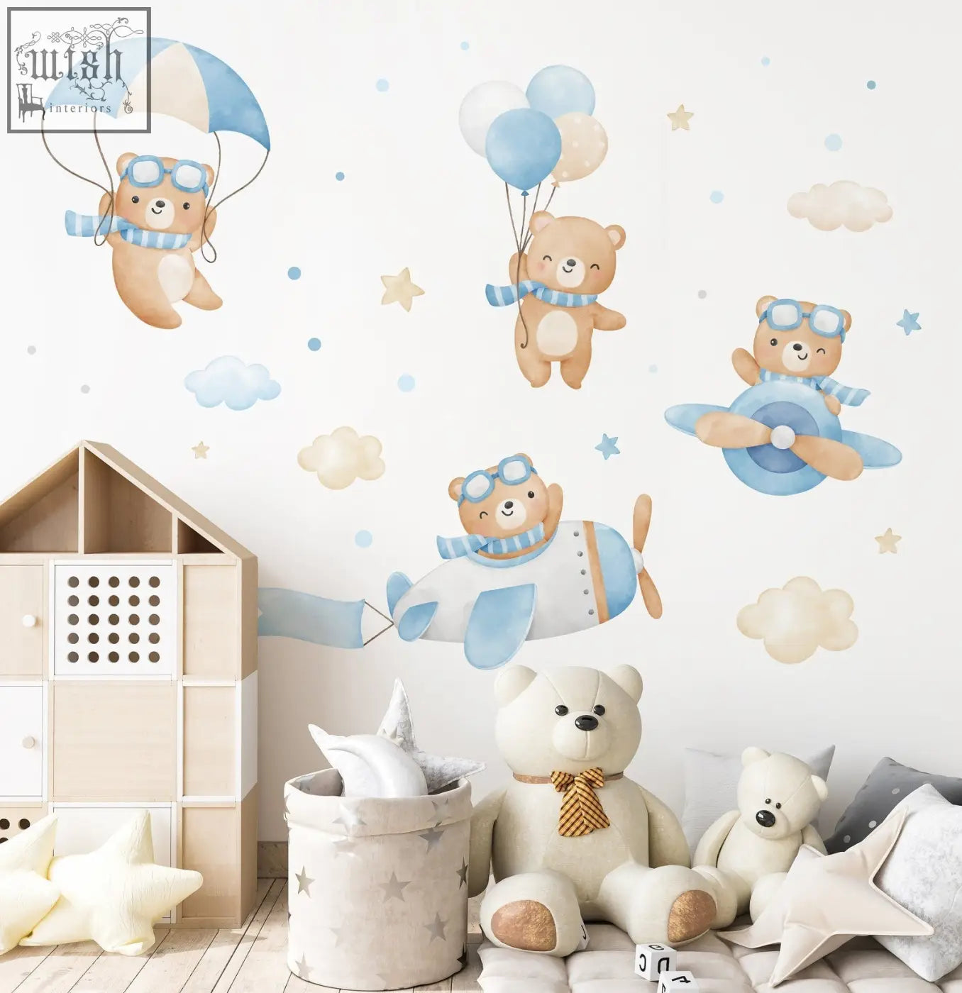 Cute beige teddy bear with brown and gold striped bow tie sitting on cushion for flying bears wall decals