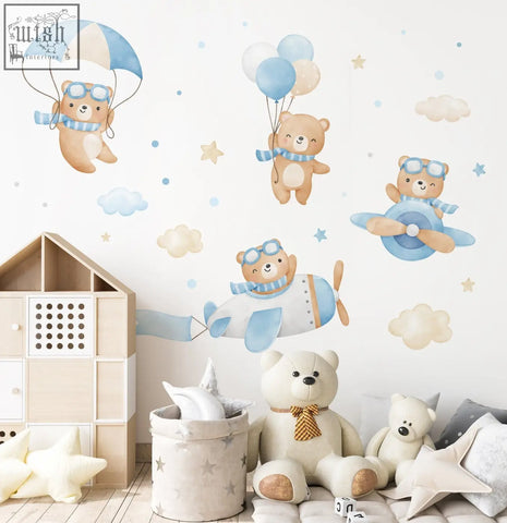 Cute beige teddy bear with brown and gold striped bow tie sitting on cushion for flying bears wall decals