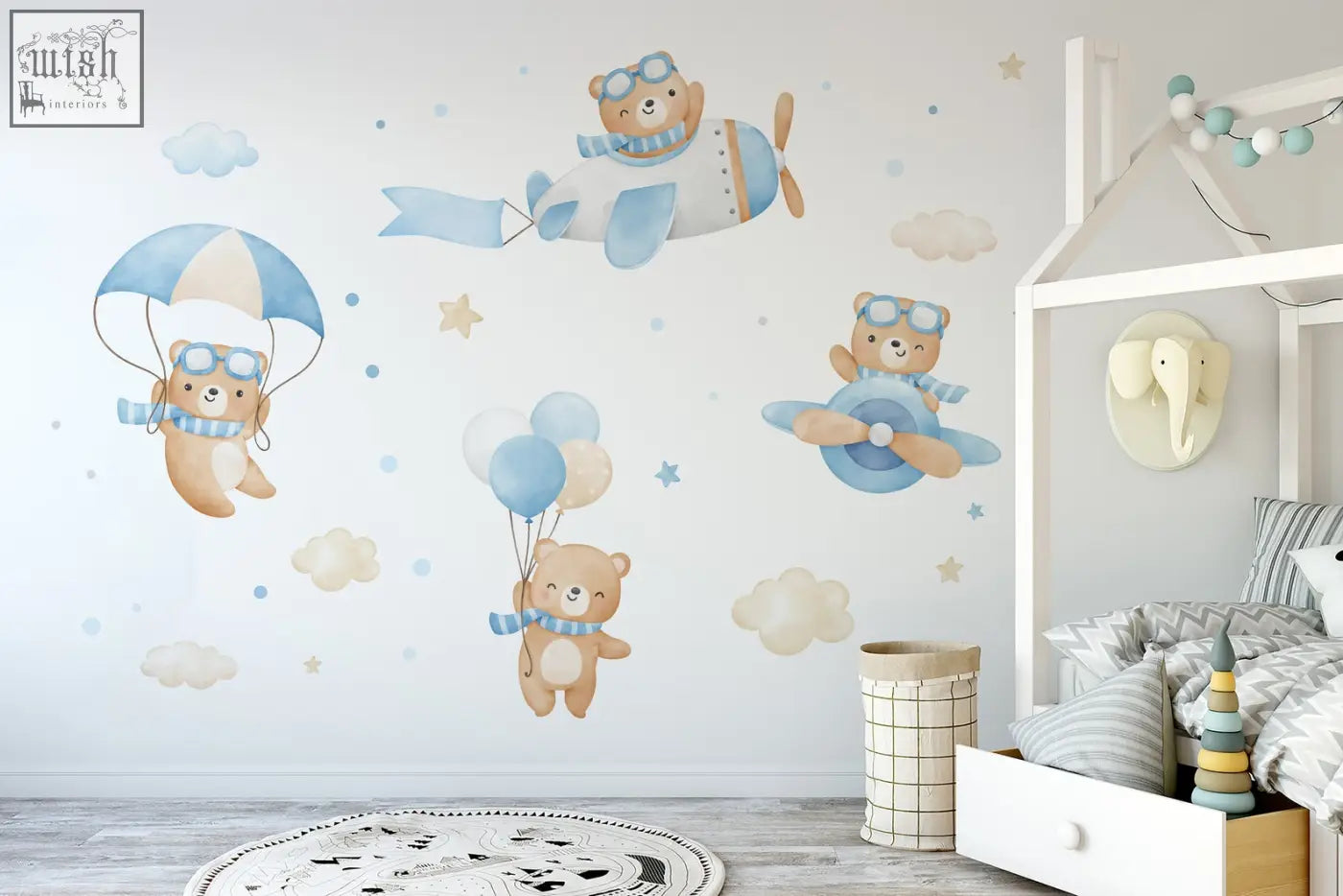 Cute beige teddy bear wall decals with blue parachutes balloons and airplanes perfect for flying bears wall décor