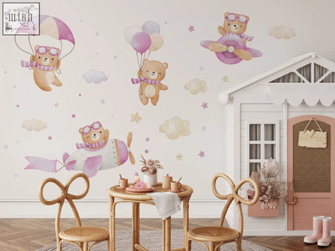 Pastel pink and beige flying bears wall decals with parachutes balloons and airplanes for nursery boys and girls rooms