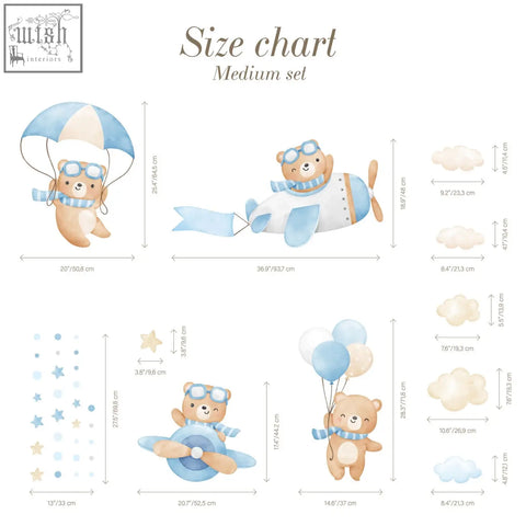 Cute blue and beige flying bears wall decals featuring parachuting bears, airplanes, balloons, stars, and clouds for nursery rooms