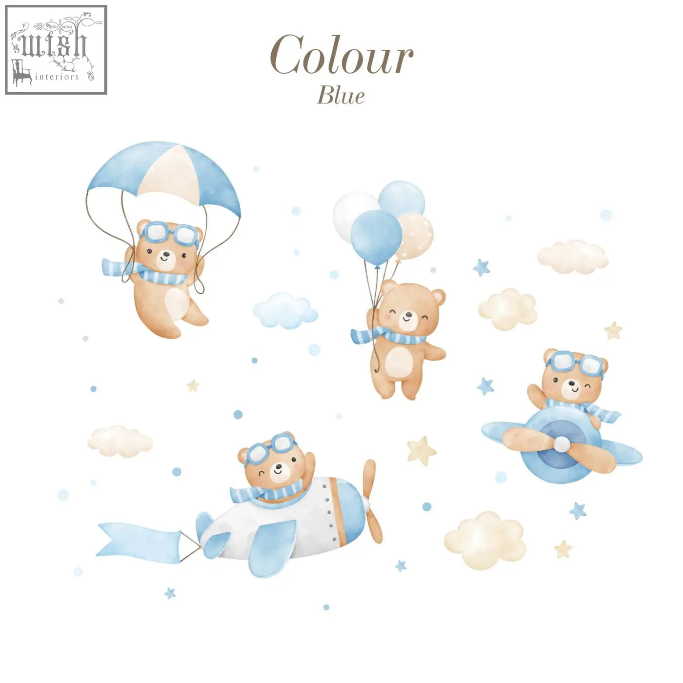 Cute blue and beige teddy bears flying bears wall decals in watercolor style perfect for boys and girls nursery rooms