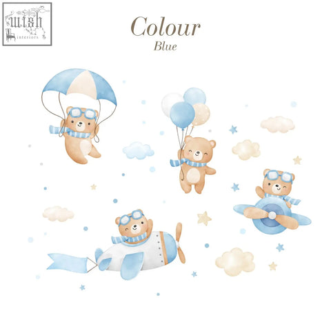 Cute blue and beige teddy bears flying bears wall decals in watercolor style perfect for boys and girls nursery rooms