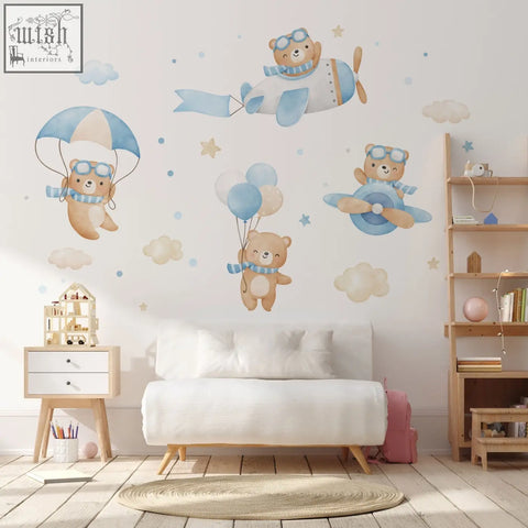 Blue and white flying bears wall decals featuring cartoon bears in airplane for boys and girls nursery room decor