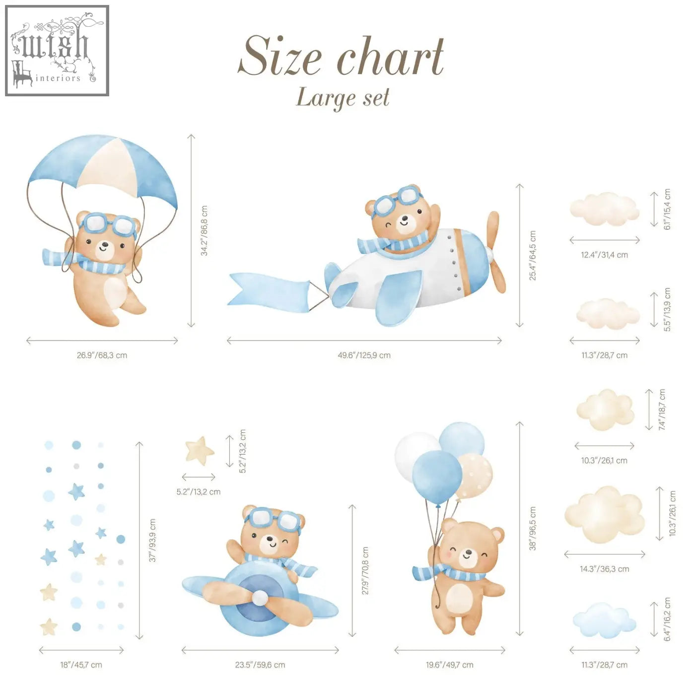 Cute beige flying bears wall decals with blue parachutes airplanes and balloons for boys and girls room decor