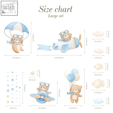 Cute beige flying bears wall decals with blue parachutes airplanes and balloons for boys and girls room decor
