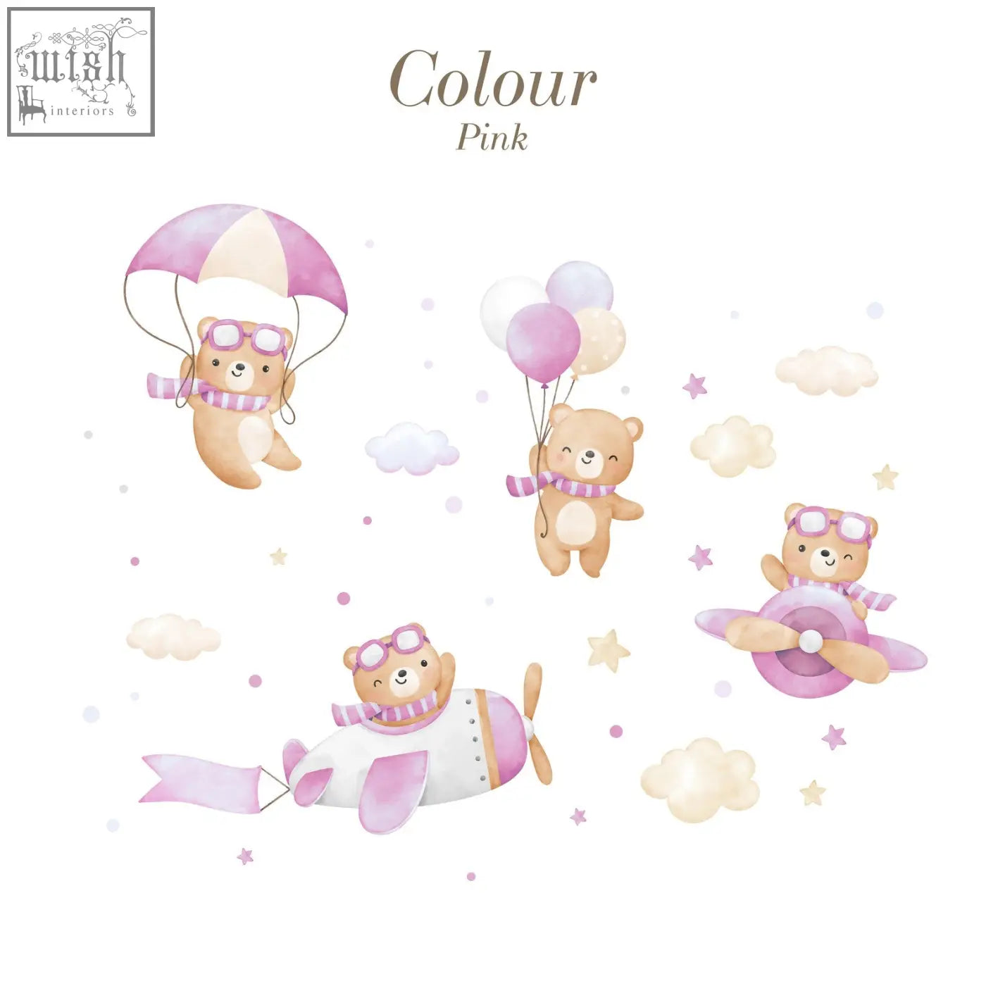 Cute pink and beige flying bears wall decals in watercolor style perfect for boys and girls nursery rooms