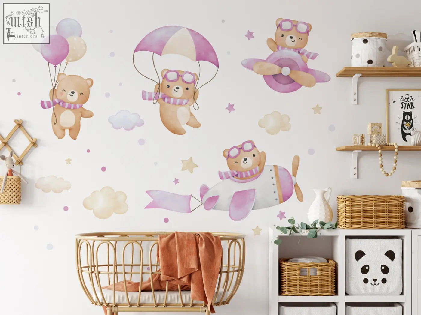 Pastel-colored flying bears wall decals with cartoon bears in aviation outfits for boys and girls room decor