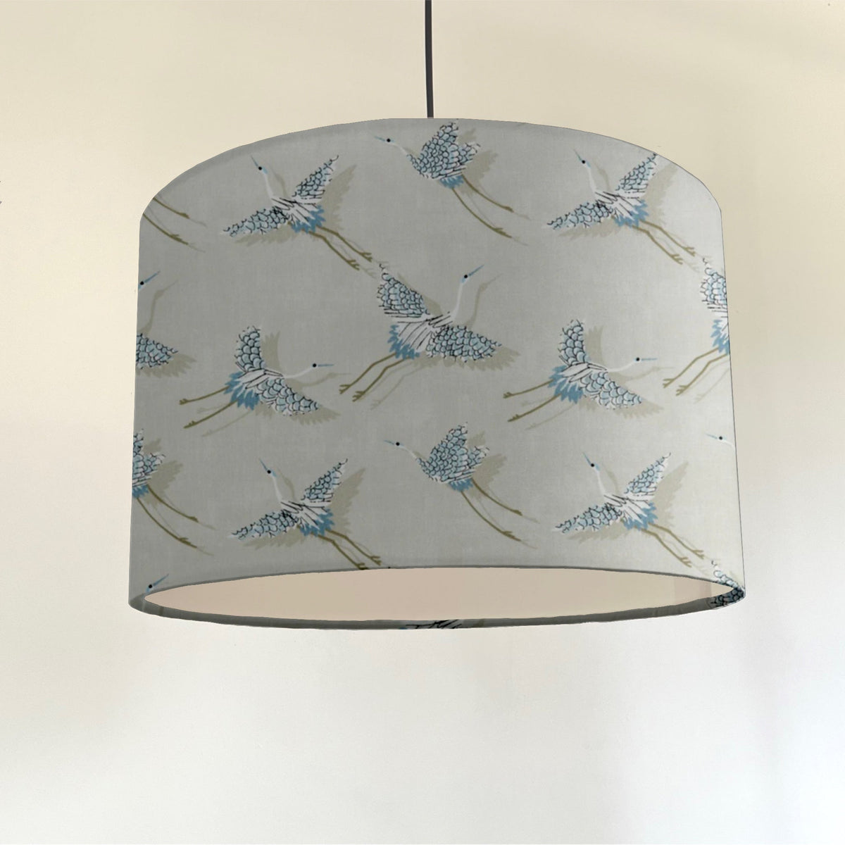 Cylindrical flying birds drum lampshade in light gray linen with soft blue beige cranes and white lining fits ceiling shade sits 3-4cm