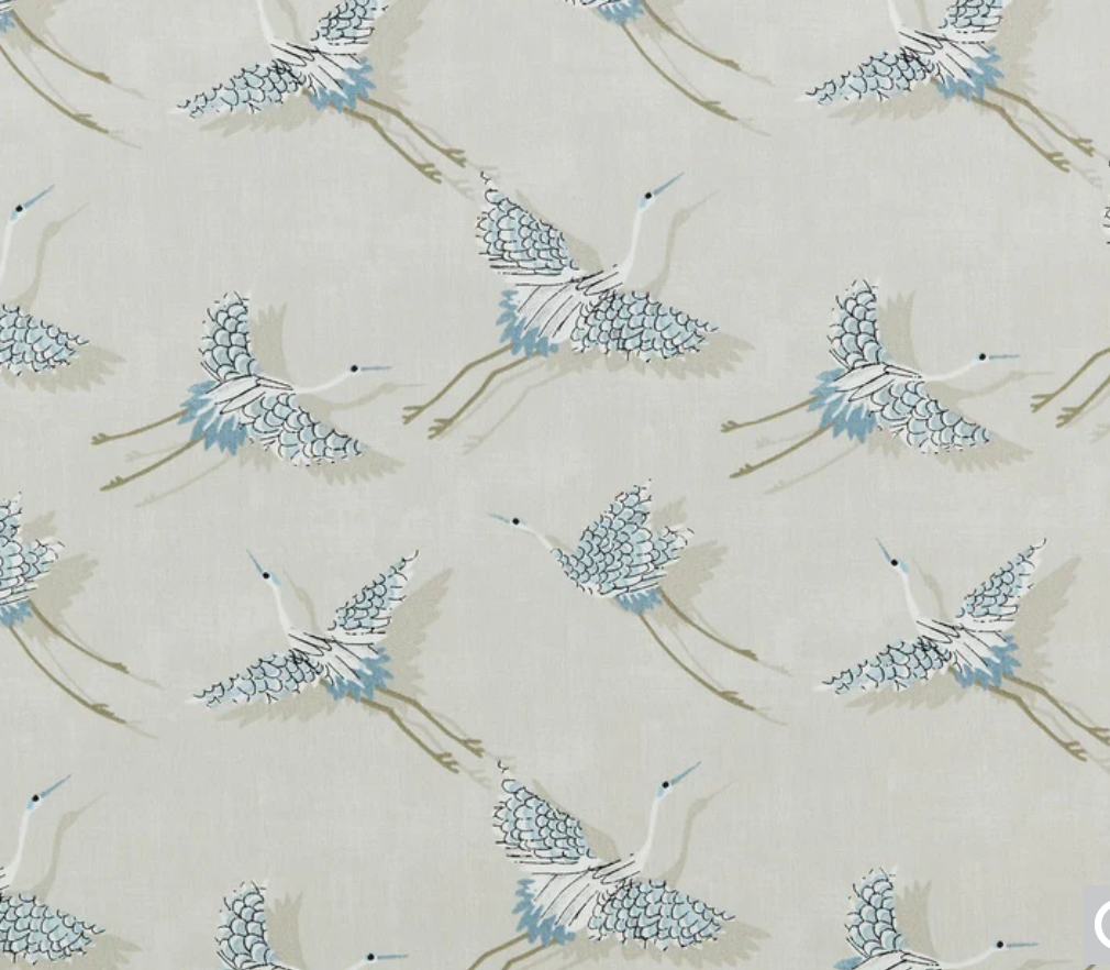 Beige linen ceiling shade with flying birds drum design featuring black outlined cranes, white lining, fitting sits 3-4cm