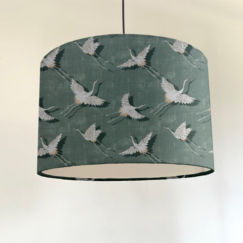Cylindrical flying birds drum ceiling shade in dark teal with white lining fitting sits 3-4cm