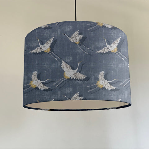 Navy blue flying birds drum lampshade ceiling shade with white lining and fitting sits 3-4cm detail of cranes pattern