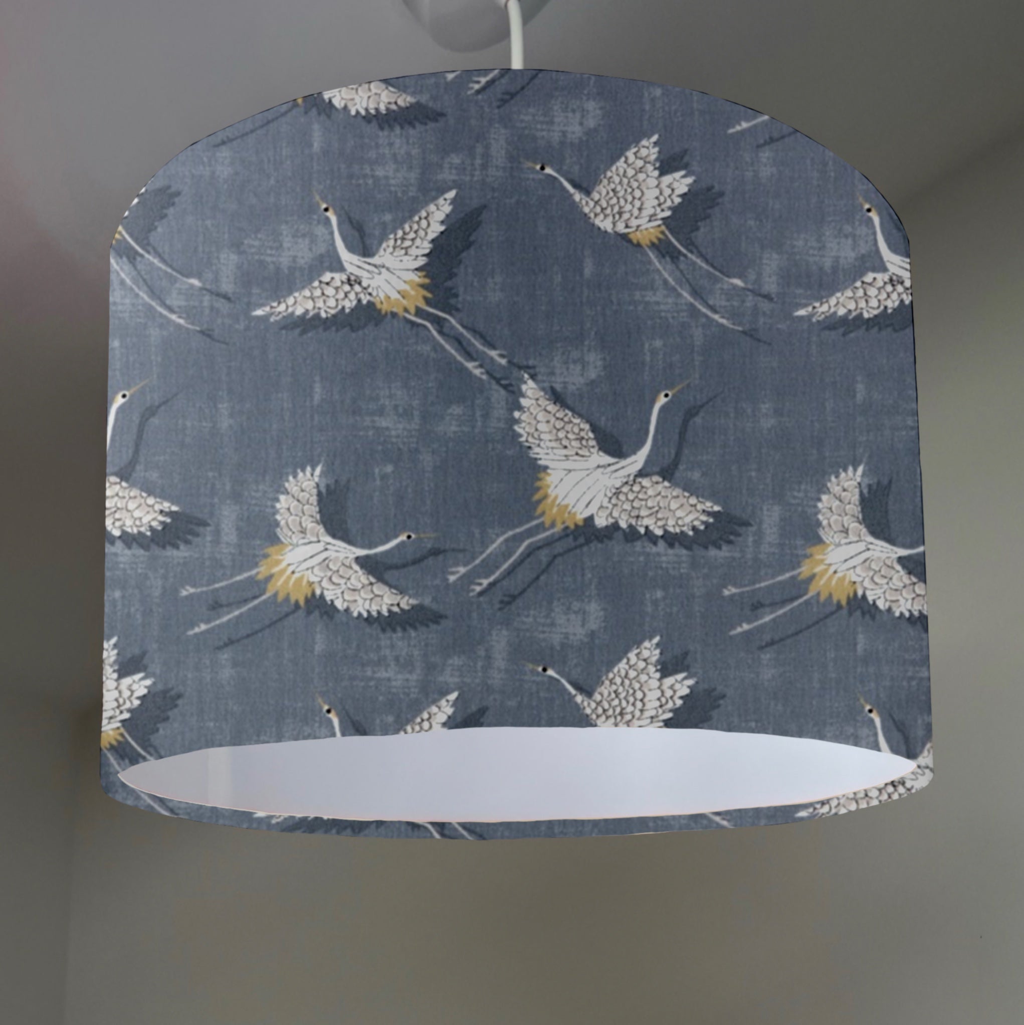 Navy blue flying birds drum lampshade with white lining and cranes pattern ceiling shade fitting sits 3-4cm